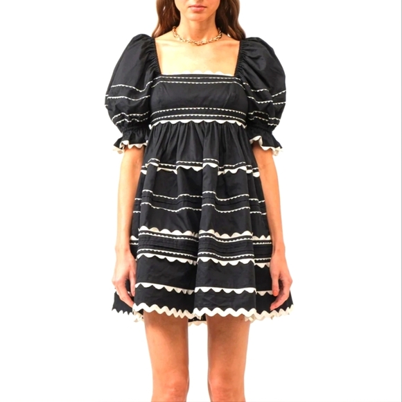 Vestique Black and White Puff Sleeve Dress - Picture 1 of 8